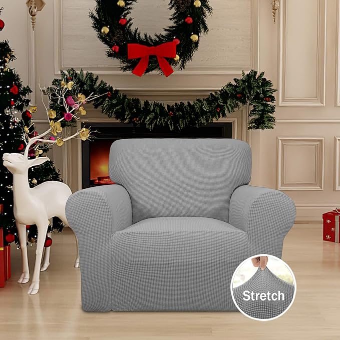 Easy-Going Stretch Chair Sofa Slipcover 1-Piece Couch Sofa Cover Furniture Protector Soft with Elastic Bottom for Kids, Pet. Spandex Jacquard Fabric Small Checks (Chair, Light Gray)