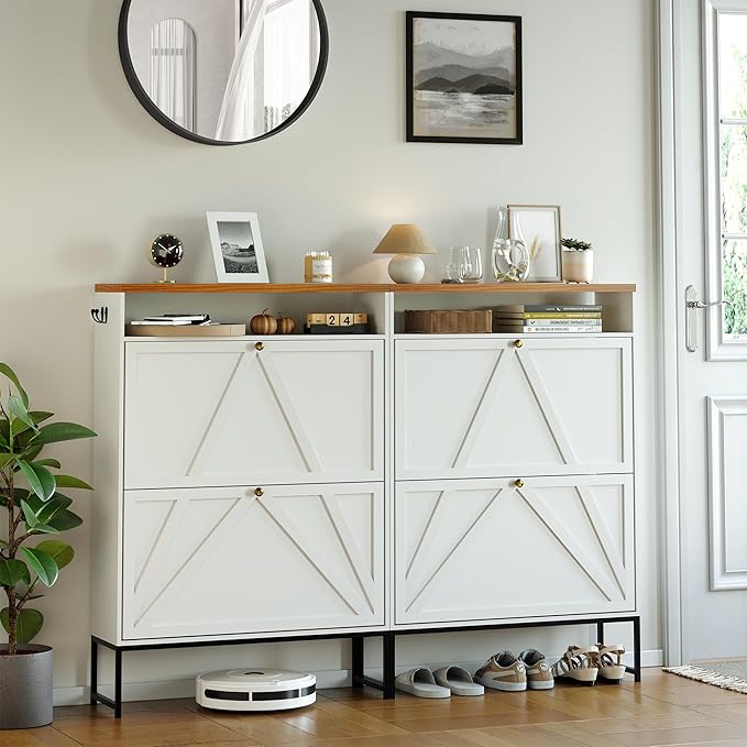 PARTPHONER Shoe Storage Cabinet with 2 Flip Drawers, Modern Hidden Shoe Storage Organizer, Narrow Wooden Freestanding Shoe Rack with Motion Sensor Light, Hallway, Foyer, White