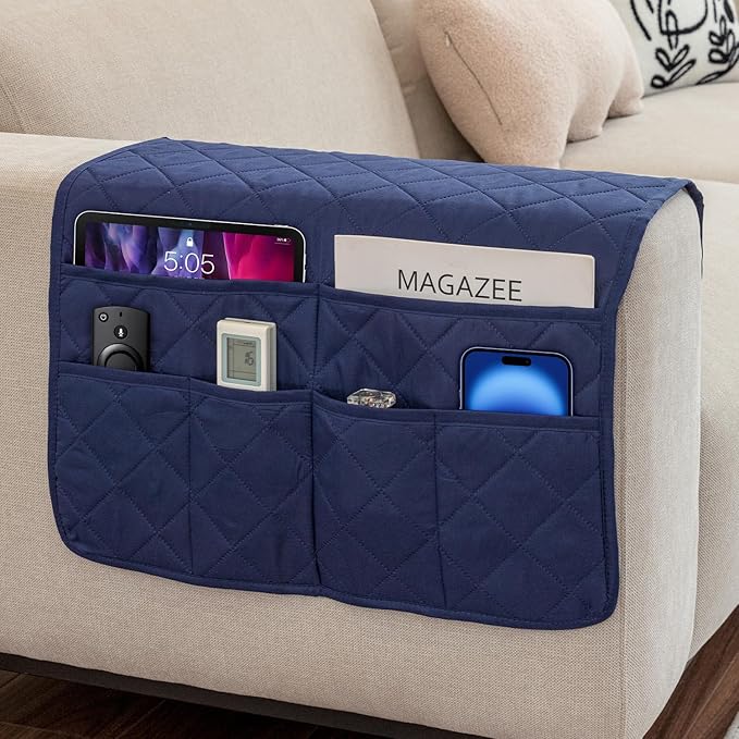 Sofa Armrest Organizer with 6 Pockets, Non-Slip Couch Recliner Armchair Caddy, Washable Remote Controls Holder, Storage for Magazine, Tablet (Navy)