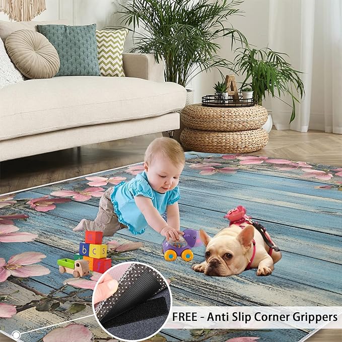 5x6 Vines Rugs for Office - Vintage Wood Panels Living Room Carpet, Rural Flowers Bedroom Area Rug Kids Low Pile Rug for Indoor Outdoor Hardwood Floors Home Decor