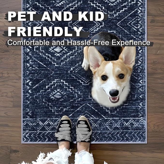 KILOCOCO Hallway Runner Rug 2x7 Runners for Hallways Washable Runner Rug Non Slip Rubber Backed Low-Pile Runners for Bedroom Kitchen Living Room Laundry Room Boho Rugs, Dark Blue