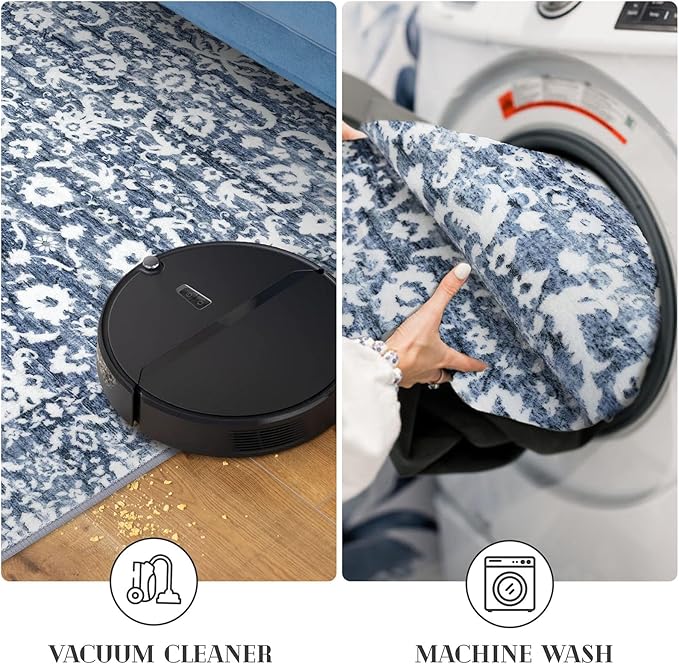 Vintage Floral 2x6 Runner Rug, Light Blue White Washable Kitchen Runner Rug Non-Slip Hallway Rug Runner Thin Printed Faux Wool Super Soft Carpet for Entryway Bedroom Laundry Room Indoor