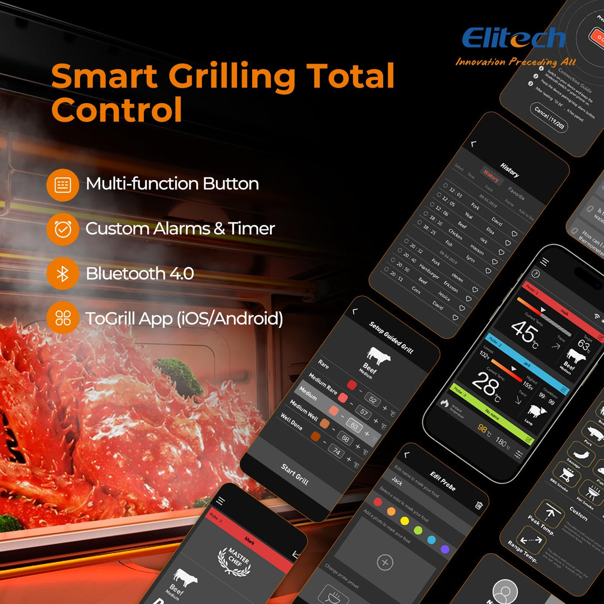 Elitech Digital BBQ Thermometer, Bluetooth Wireless Meat Thermometer for Grilling and Smoking, 2 Probes for Grill, Oven, Smoker, Rotisserie, WMT-20