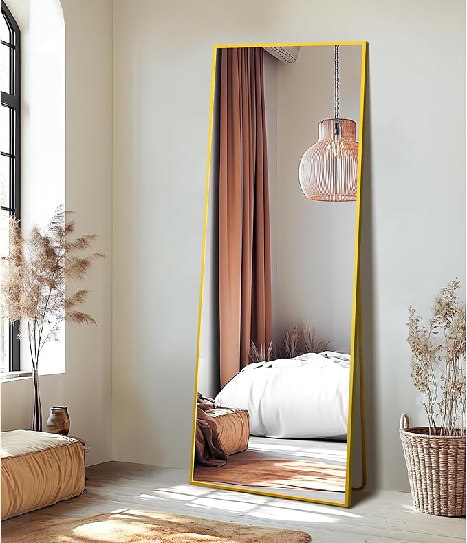 Delma Full Length Standing Mirror,Large Floor Mirror with Aluminum Frame for Bedroom, Bathroom, Living Room,Wall Mount or Freestanding Design(with Stand,Rect 69x24-Gold)