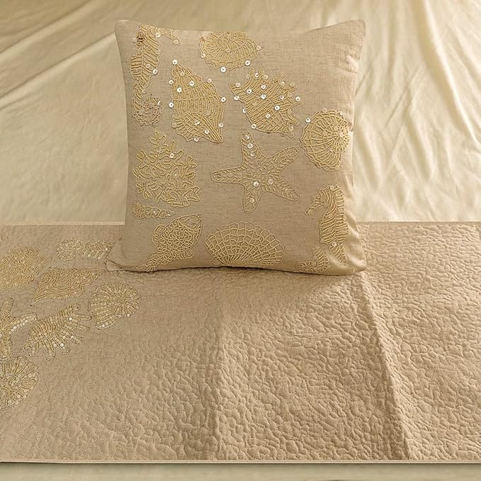 The HomeCentric King Queen Twin Beige Handmade Queen 74"x18" Bed Runner with Pillow Cover, Pearl Embroidery Bed Scarf on Linen Fabric - Off to The Sea