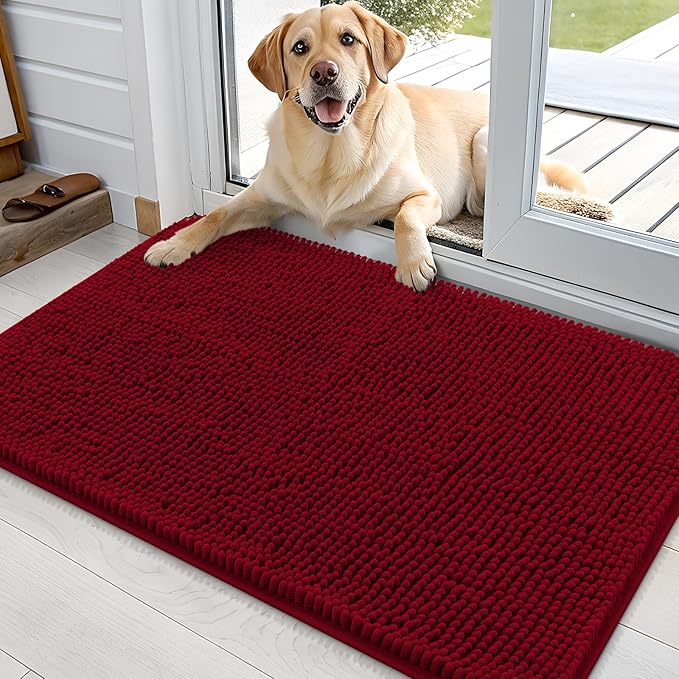 OLANLY Dog Door Mat for Muddy Paws 36x24, Absorbs Moisture and Dirt, Absorbent Non-Slip Washable Doormat, Quick Dry Chenille Mud Mat for Dogs, Entry Indoor Entryway Carpet for Inside Floor, Red