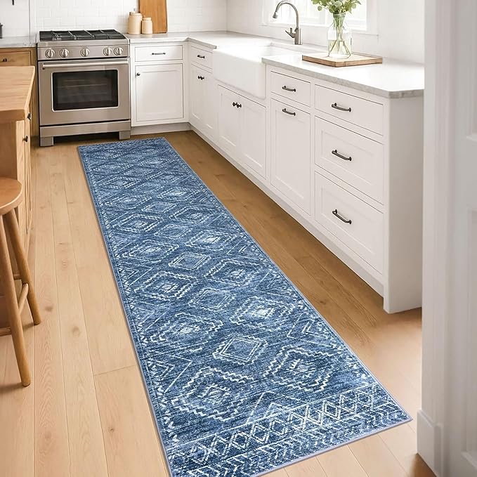 KILOCOCO Hallway Runner Rug 2x8 Runners for Hallways Washable Runner Rug Non Slip Rubber Backed Low-Pile Runners for Bedroom Kitchen Living Room Laundry Room Boho Rugs, Stonewashed Blue