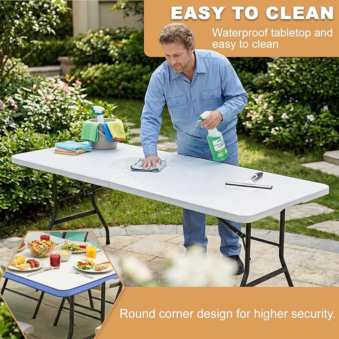 FDW 8FT Plastic Folding Table, Portable with Carrying Handle Perfect for Indoor, Outdoor, Party, Dining, Wedding, Events, Camping, White