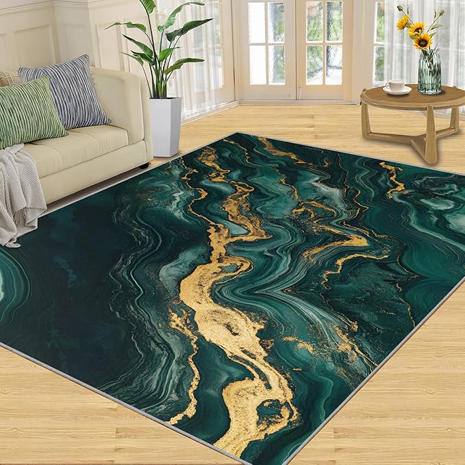8x10 Abstract Marble Rugs for Living Room - Emerald-Green-Marble Large Area Rug, Luxury Stone Pattern Modern Boy Nursery Rug Soft Washable for Classroom Office Bedroom Kids Room