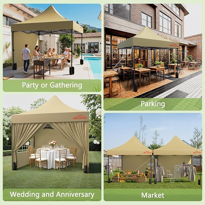10x10 Heavy Duty Pop Up Canopy with 4 Sidewalls, 550D Commercial Easy Up Canopy Tent, Waterproof Outdoor Party Event Tent with Roller Bag, Khaki