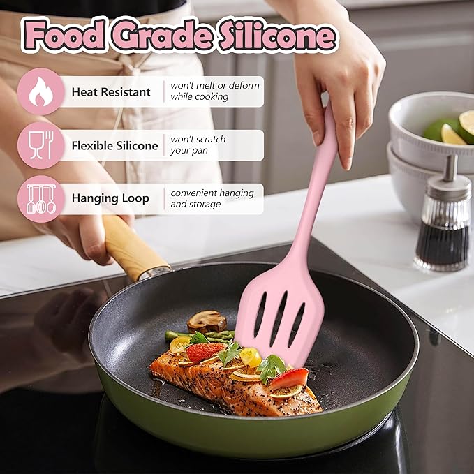 LIANYU 14 Pcs Kitchen Utensils Set, Silicone Cooking Utensils Spatula Set with Holder, Heat Resistant Cookware Tools Includes Spoon Turner Whisk Tong, Dishwasher Safe, Pink