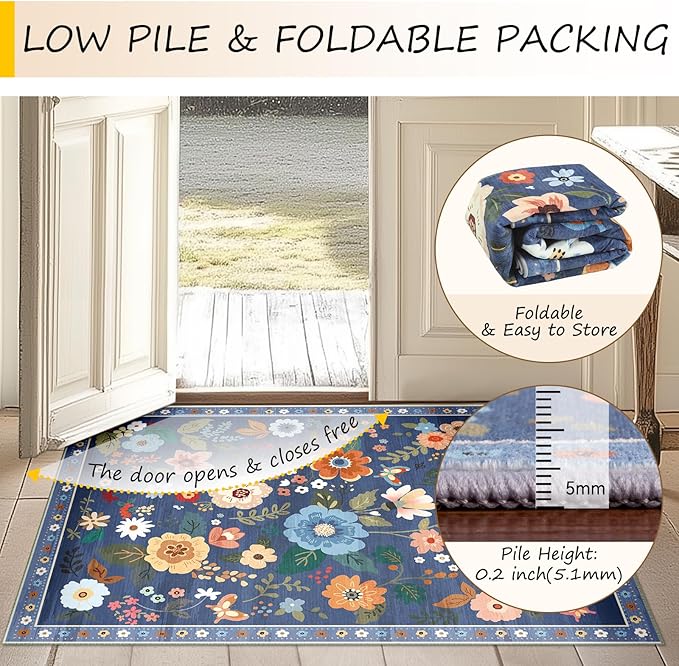 Floral 9x12 Area Rug Machine Washable Soft Print Boho Carpet Non Slip Doormat Low Pile Flower Area Rugs for Living Room Bedroom Nursery Kitchen Dining Room Indoor-Blue/Grey