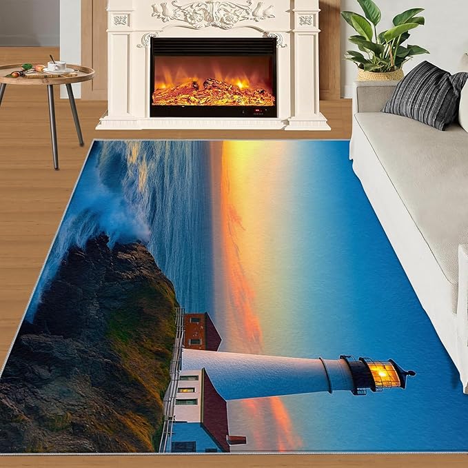 Coastal Rugs for Bedroom - 3x4 Area Rug - Ocean Lighthouse Rugs for Living Room, Sunset Ocean Scenery Rug, Non-Slip Washable Home Decor Carpet