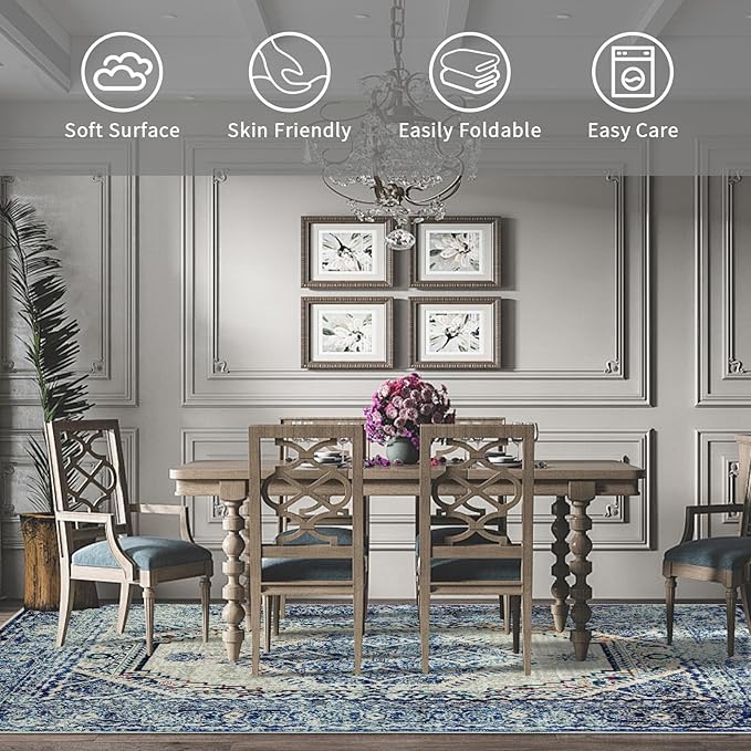 Easy-Going Large 8x10 Washable Boho Area Rug for Living Room Non-Slip Bedroom Rug Low Pile Lightweight Medallion Distressed Throw Carpet for Dining Room Kitchen Home Office, Vintage Blue Cream