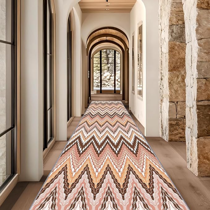Brown Pink White Wave Runner Rug, 2.6x7ft Soft Tone Hallway Decor Carpet - Modern Home Corridor & Foyer Long Rug Non-Slip Mat, Washable Flannel Material, Bedroom Stylish Accent Rugs
