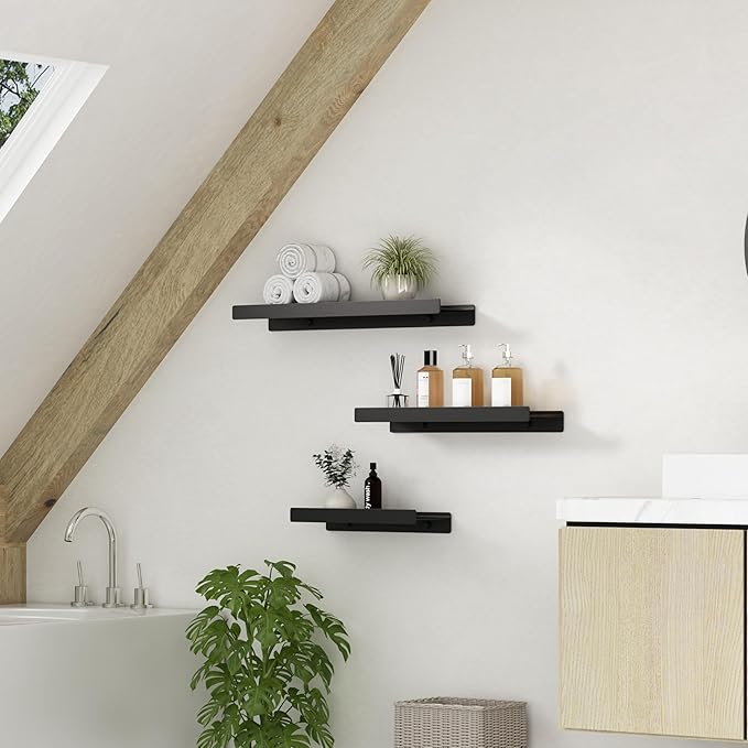 Small Shelves for Wall, Metal Floating Shelves Wall Mounted with Lip for Storage No Wobble, Heavy Duty Wall Shelves for Bathroom/Kitchen/Bedroom/Small Spaces, Black 16 inch 2 Pack