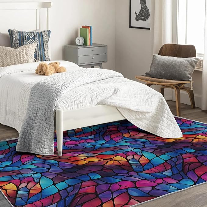 Abstract Rug, 7x9 Rug, Stained Glass Rugs for Living Room Bedroom, Modern Large Area Rug, Washable Rug Non Slip Soft Indoor Carpet, Kids and Pets Friendly, Abstract Home & Room Decor