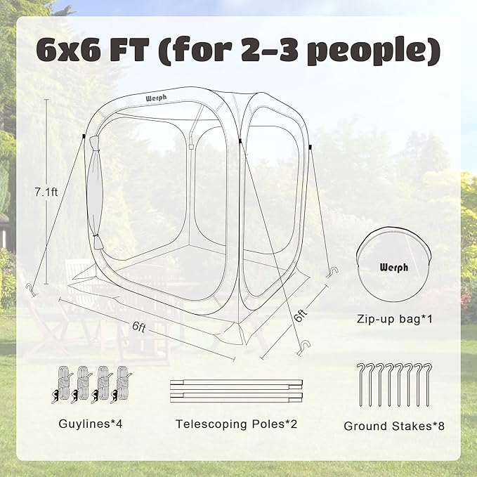 Werph 6x6 Pop Up Screen Tent, Mosquito Net Gazebo, UV Resistant Roof Waterproof Screen Canopy, Quick Setup Outdoor Shelter for Backyard, Patio, Garden, Picnic, Camping and Events, Green