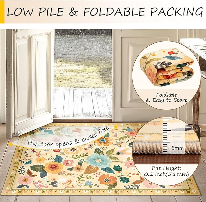 Floral 6x9 Area Rug Machine Washable Soft Print Boho Carpet Non Slip Doormat Low Pile Flower Area Rugs for Living Room Bedroom Nursery Kitchen Dining Room Indoor-Ivory/Yellow