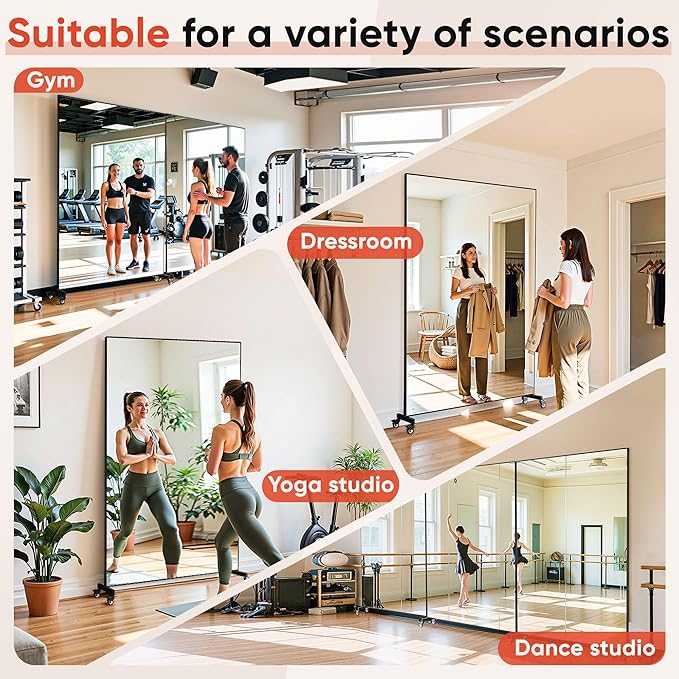 Suidia 82"x44" Extra Large Full Length Mirror on Wheels, 360° Swivel Rolling Mirror Floor, HD Tempered Glass Full Body Standing Mirrors for Home Gym, Yoga, Dance Studio, Bedroom, Rectangular, Black