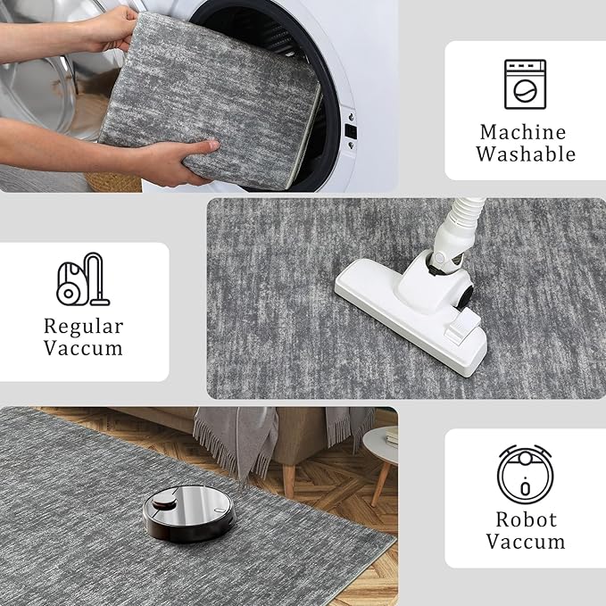 RUGSREAL Machine Washable Area Rug 9x12 Large Living Room Rug with Rubber Backing Modern Solid Color Dining Room Throw Carpet Contemporary Rug for Home Decor Office, 9' x 12' Grey