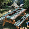 Happy Campers Picnic Table Cover with Bench Covers, Rustic Wooden RV Travel Trailer Waterproof Tablecloth for Patio Camping Indoor Outdoor Party Decorations with Drawstring Bag, 30X96in, 3PCS