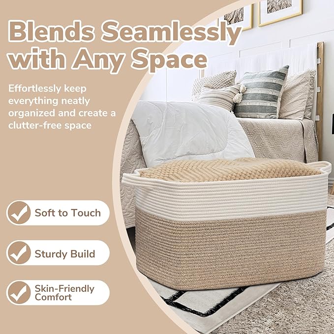 Goodpick Large Woven Blanket Basket, 21.6" x 14.9" x 11.8" Storage Baskets for Organizing, Rectangle Cotton Rope Toy Basket for Living Room, Bedroom, White & Brown