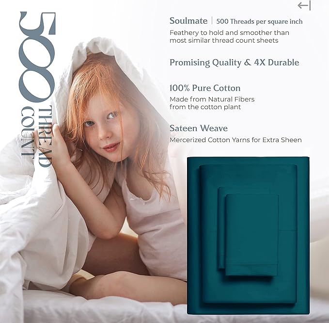 Mayfair Linen 500 Thread Count California King Cotton Sheets - 4 PC Cal King Size Bed Sheet Set Cotton (Teal), Soft, Cooling, Sateen Weave 16" Deep Pocket Bedsheet for Hot Sleepers (Fits 18" Mattress)