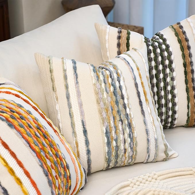 Aeckself Boho Pillow Covers 18x18 Inch Set of 2, Farmhouse Decorative Striped Square Chenille Tufted Accent Neutral Throw Pillow Covers for Living Room Couch Bed, Green