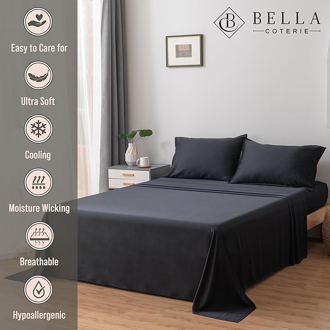 Bella Coterie Luxury Bamboo Viscose Cal King Size Sheet Set | 100% Organically Grown | Ultra Soft | Cooling for Hot Sleepers | 18" Deep Pocket [Black]