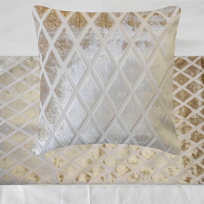 The HomeCentric King/Queen/Twin Ivory Decorative Bed Runner Full 68"x18" Bed Runner with Two Pillow Cover, Diamond Pattern, Velvet Cut Bed Scarf on Velvet Fabric - Ivory Velvet Verve