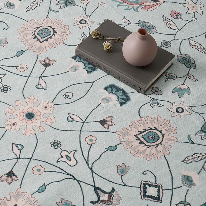 EVERGRACE Area Rugs for Living Room 8x10, Boho Floral Faux Wool Indoor Outdoor Rugs, Washable Rugs for Bedroom Dining Room Entryway Kitchen, Low Pile Floor Mat Carpet for Home Decor, Pale Blue