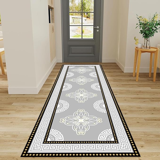 Boho Long Runners Carpet, 2x8ft, Modern Geometric Bohemian Print with Greek Key Grey Long Hallway Rug, Low-Profile Non Slip Rubber Backed Flat Rugs for Relax Room Entryways