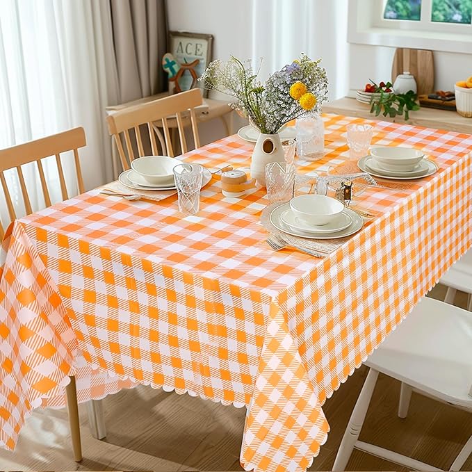 NatNarr 12 Pack Orange Gingham Tablecloth, 54 X 108Inch Plastic Orange Checkered Table Cloth Disposable Scalloped Tablecloths Waterproof Plaid Table Cover for Picnic Wedding Birthday Outdoors Party