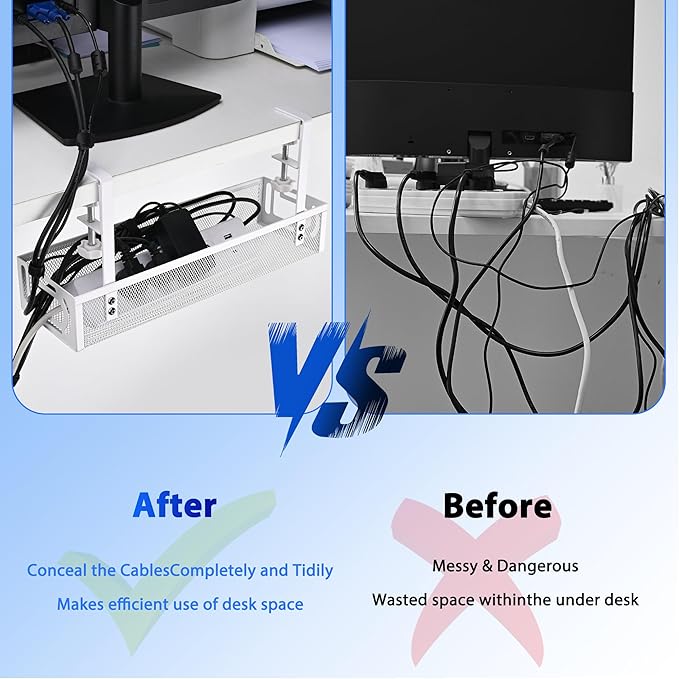 Under Desk Cable Management Tray Small – Clamp-Mounted Wire Organizer & Cord Management Under Desk Holder, No-Drill Metal Cable Tray for Home Office (White)