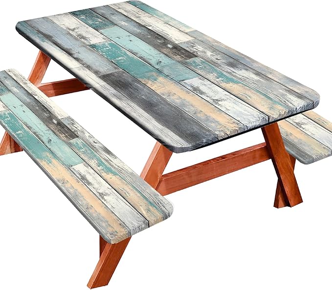 Picnic Table Cover with Bench Covers 72IN 6FT, Camping Essentials Tablecloth Waterproof Oilproof with elastic Edge for Indoor Outdoor Patio (Retro Wood Grain Blue)