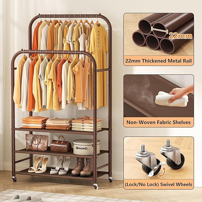 HOMIDEC Double Rods Clothes Rack Clothing Rack with 3 Tier Storage Shelves Clothes Rack for Hanging Clothes Multifunctional Heavy Duty Clothes Organizer for Bedroom,Wardrobe Closet,Shop,Brown