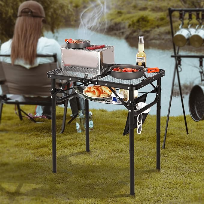 REDCAMP Small Folding Grill Table for Outside, 3 Heights Adjustable Lightweight Portable Metal Aluminum Outdoor Grill Table for Camping Picnic Cooking BBQ, Black 24x16 inches