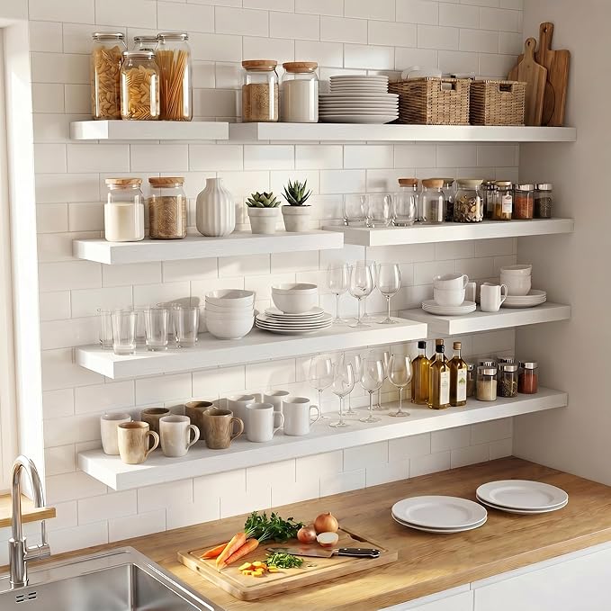 Venusmiles Floating Shelves for Wall, 30 Inch Floating Shelves Set of 2, 6.5" D Wooden Wall Mounted Display Shelves with Invisible Brackets for Living Room, Bedroom, Bathroom, Kitchen Decor, White