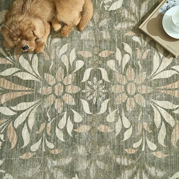 jinchan Hallway Runner Rug 2x10 Vintage Floral Distressed Design - Machine Washable Non-Slip Low-Pile Soft Thin Faux Wool Kitchen Carpet for Farmhouse Bedroom Laundry Room(2x10ft,Dark Green)