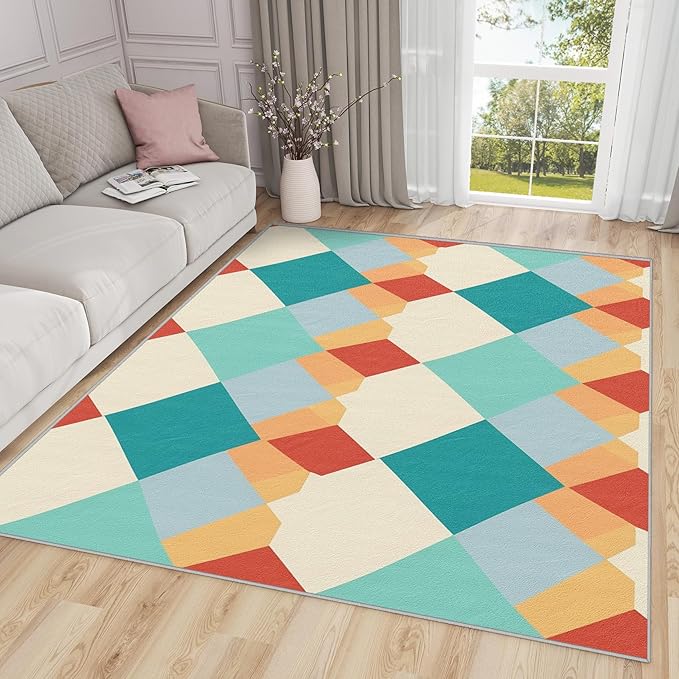 Geometric Large Area Rug 8x10 - Colorful Retro Mid Century Modern Rugs for Living Room Non Slip Low Pile Machine Washable Dining Room Rug, Geometric Carpet Home Decor & Gifts