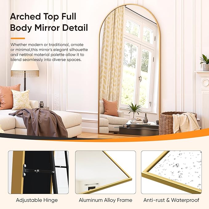Suidia Full Length Mirror, 76"x34" Floor Standing Mirror Freestanding, Full Body Mirrors with Stand for Bedroom, Hanging Mounted for Living Room Cloakroom, Gold, Arched Style