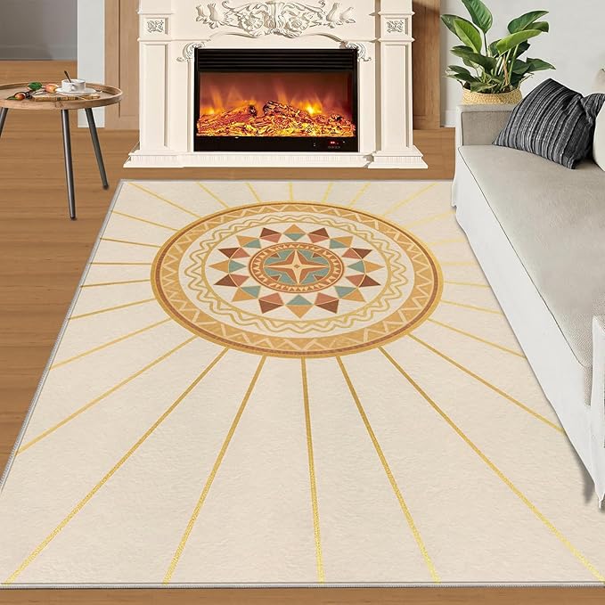 Boho Sun Area Rugs 5x6ft, Minimalist Line Rugs for Kids Bedroom, Geometric Solar Office Rug Low Pile are Not Stumbling Foot for Living Room End Table Nursery