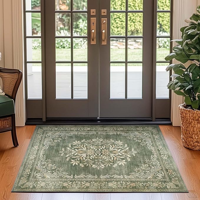 jinchan Green Floral 3x5 Area Rugs for Entryway - Machine Washable Vintage Distressed Design Low-Pile Soft Non-Shedding Carpet for Kitchen Bedroom Entrance Laundry Living Room (3x5ft,Dark Green)