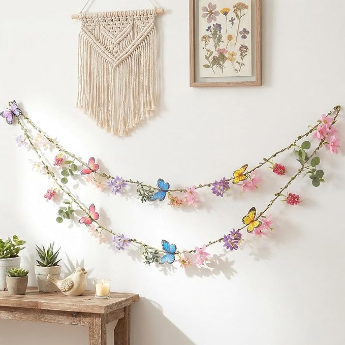 Hahafelt 2 Pcs 6.56 ft Spring Wildflower Garland Banner with Butterfly Green Leaves Artificial Fake Hanging Flower Vine for Garden Tea Party Fairy Wall Home Wedding Indoor Outdoor Decor (Wildflower)