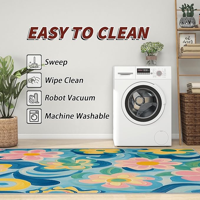 Floral Rug for Entryway Indoor - 3x4ft - Modern Artistic Flower Washable Non Slip Low Pile Small Rug for Bedroom, Floral Carpets Room Decor & Gifts