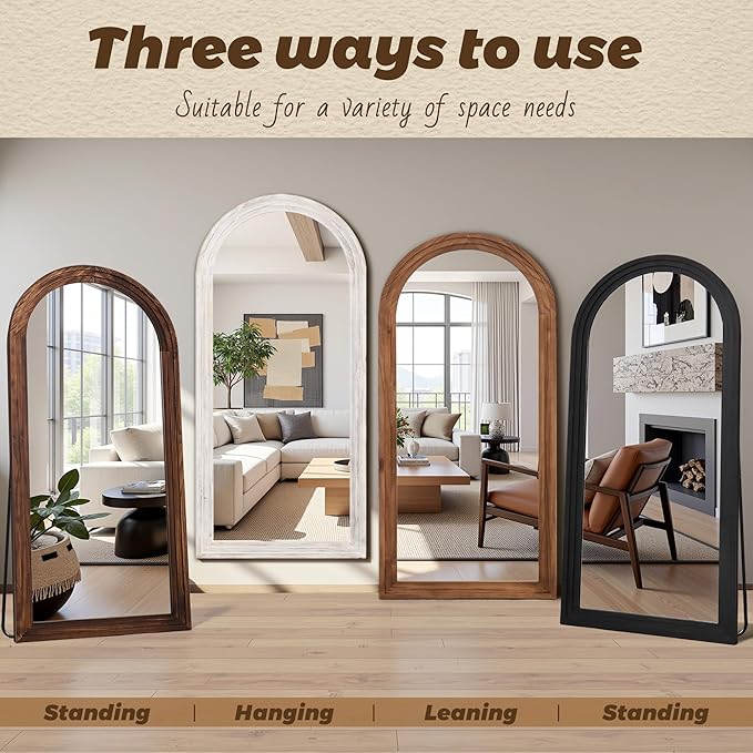 Antok Full Length Mirror with Solid Wood Frame, 76"×34" Wall Mounted Oversized Floor Mirror with Stand, Leaning Standing Hanging for Bedroom Living Room Entryway, Walnut, Arched Syle