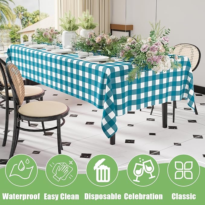 Smiry 10 Pack Turquoise Gingham Disposable Tablecloths - 54" x 108" Heavy Duty Plastic Table Cloth, Waterproof Buffalo Plaid Table Covers for Picnic, Banquets, Outdoor Parties