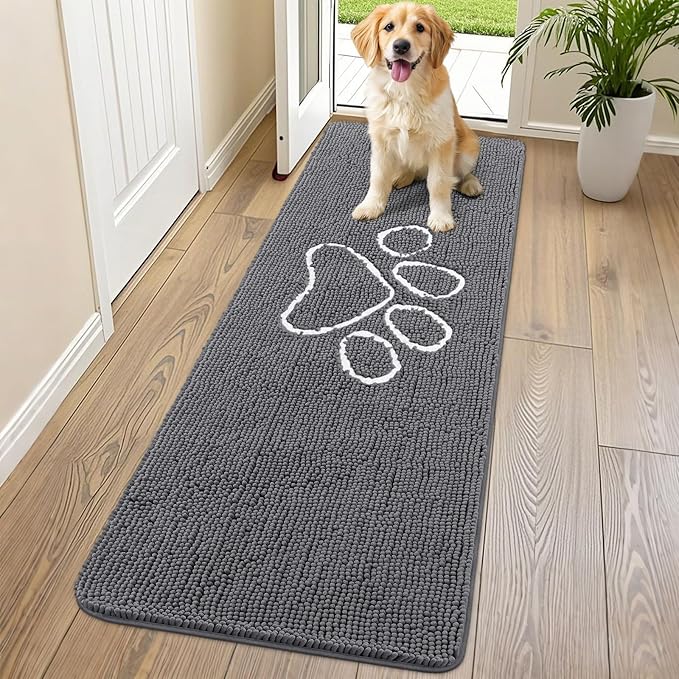 Smiry Dog Door Mat for Muddy Paws, Absorbent Dirt Trapper Non Slip Quick Dry Washable Chenille Mat for Mud Dogs, Entry Rug for Indoor and Outdoor (70x24 Inches, Dark Grey and White)