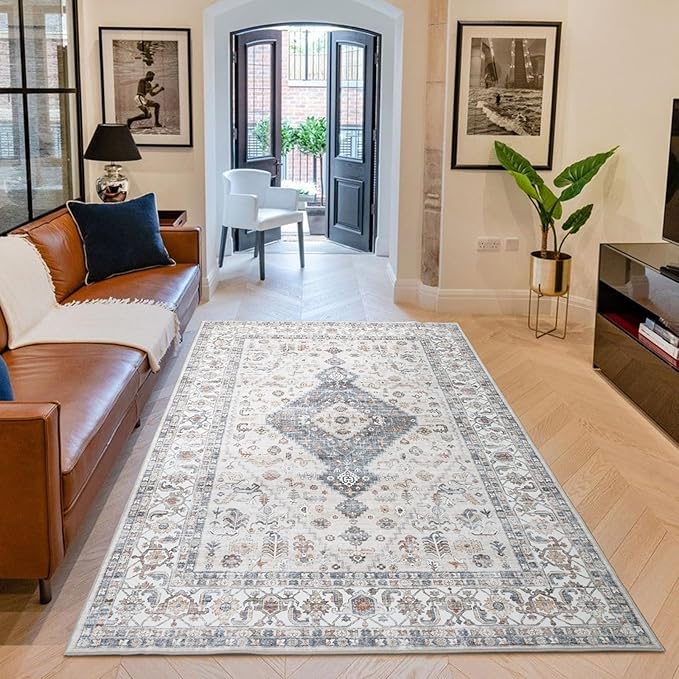 Washable Vintage Area Rug 5x7 - Soft Traditional Farmhouse Ultra-Thin Rug for Living Room, Bedroom, Dining Room and Home Office - Distressed Oriental Reto Indoor Floor Carpet Rug…